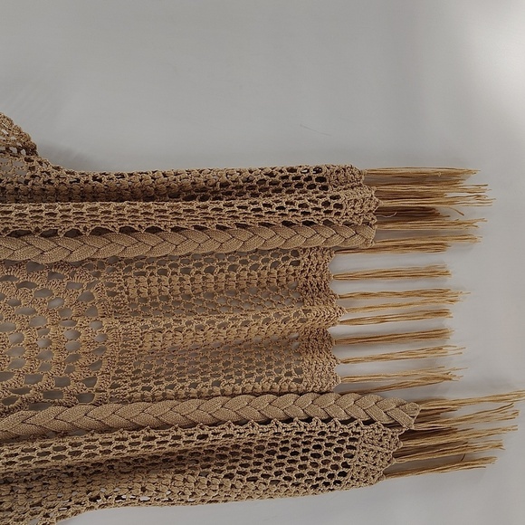Umgee Khaki Tan Crochet Open Cardigan Cover Slight Sleeve Size Small Fringe Hem - Picture 3 of 5